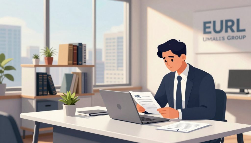 A professional illustration of an EURL Limited Liability Company setting, featuring a solo entrepreneur at a sleek modern desk in a bright, airy office. In the foreground, a focused individual in smart business attire is working on a laptop, reviewing legal documents with intensity. In the middle ground, a stylish bookshelf displays business books and legal guides, along with a small potted plant for a touch of greenery. The background features large windows overlooking a vibrant cityscape, illuminated by warm sunlight streaming in, creating an inviting atmosphere. The mood is one of empowerment and professionalism. The brand name "UMALIS GROUP" is subtly represented in modern design elements around the workspace, without text overlays. The composition is captured with a wide-angle lens to emphasize depth and clarity.