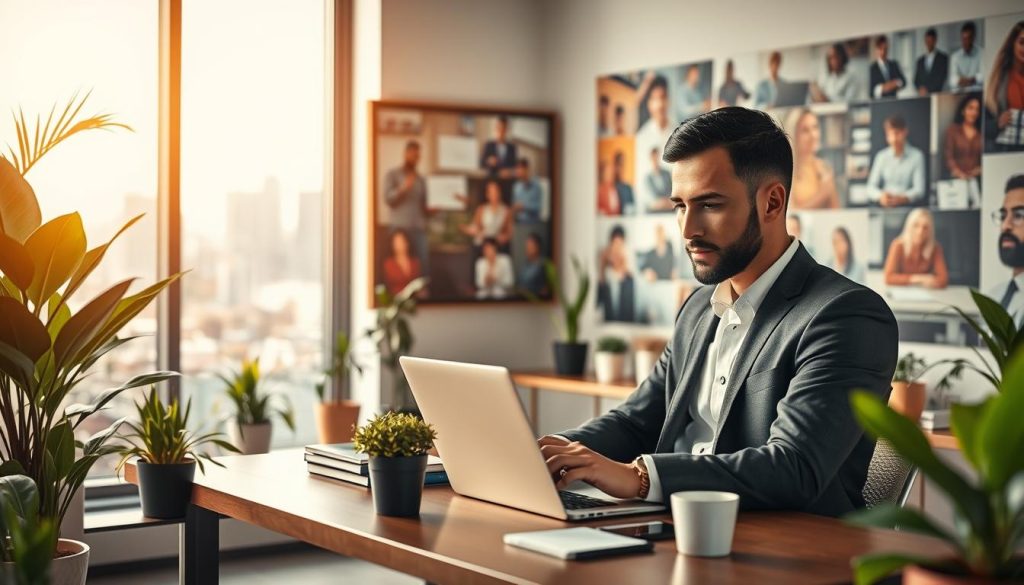 A professional, inviting workspace that embodies the concept of flexible work agreements. In the foreground, a well-dressed individual sits at a stylish desk, thoughtfully reviewing documents on a laptop, surrounded by plants and personal items that reflect a balanced life. In the middle ground, an inspiring wall board displays images of diverse people collaborating, representing various industries. The background features a large window with soft, natural light streaming in, showcasing a vibrant cityscape outside. The overall atmosphere is one of productivity and tranquility, encouraging a sense of career stability and focus. The image should prominently include the Umalis Group logo subtly integrated into the workspace. Use bright, warm lighting to convey optimism and professionalism, shot with a slightly shallow depth of field to bring attention to the foreground.