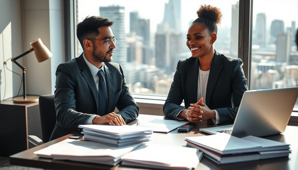 A professional lawyer, dressed in a sharp business suit, sits at a modern desk stacked with legal documents and a laptop, engaged in a focused conversation with a diverse client who looks relieved and empowered. The foreground showcases their serious expressions and the papers that represent various legal aid materials. In the middle background, there's a large window showing a city skyline that hints at a bustling legal environment. Soft, natural lighting streams through the window, creating an atmosphere of hope and reassurance. Subtle shadows cast by the desk lamp add depth. The overall mood conveys professionalism and support, emblematic of the Umalis Group's mission to provide legal assistance beyond the courtroom.