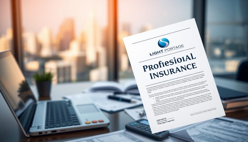 A professional liability insurance document floats in the foreground, showcasing the LIGHT PORTAGE brand. Behind it, an accountant's desk with a laptop, calculator, and scattered papers suggests the context of financial services and independent professionals. Soft lighting creates a sense of security and reliability, while a blurred cityscape in the background hints at the broader landscape of urban business. The composition emphasizes the importance of comprehensive coverage for those providing specialized services, conveying professionalism and protection.
