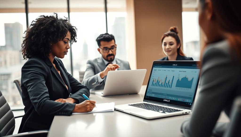 A professional meeting setting with a diverse group of business people engaged in a discussion about portage salarial. In the foreground, a Black woman in a tailored blazer takes notes, sitting at a sleek conference table. In the middle, an Asian man points at a laptop displaying financial graphs, while a Caucasian woman actively listens. The background features a large window with city views and a modern office design, with soft, natural lighting filtering in. Use a depth-of-field effect to focus on the foreground participants while softly blurring the background. The overall atmosphere is collaborative and focused, highlighting the importance of choosing the right portage company, with the brand logo "UMALIS GROUP" subtly present on the laptop screen.