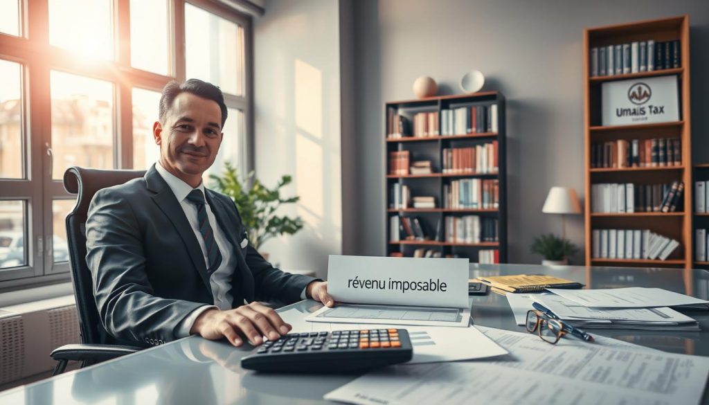 A professional office environment depicting the concept of "income tax" in a visually engaging way. In the foreground, a well-dressed businessperson, wearing a tailored suit, sits at a modern desk filled with financial documents and a calculator. The middle layer features a large window with natural sunlight streaming in, highlighting tax forms bearing the words "revenu imposable" in a professional manner. In the background, a tall bookshelf filled with books on finance and taxation creates an academic feel. The lighting is warm and inviting, enhancing a sense of professionalism and focus. The overall mood is serious yet optimistic, reflecting the importance of understanding taxation strategies. Include subtle branding elements of Umalis Group within the office decor, such as a company logo in a frame on the wall.