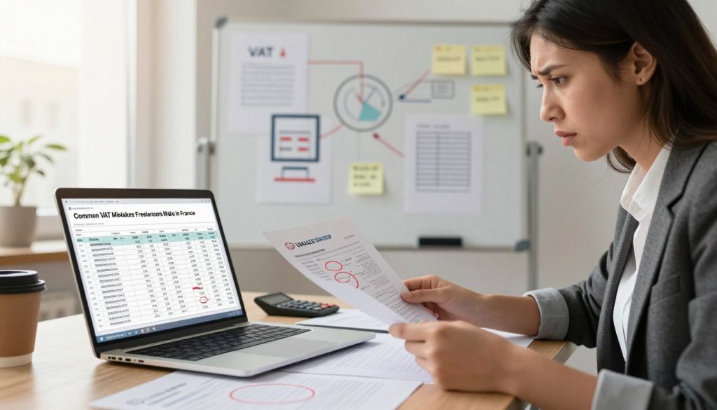A professional office environment illustrating the theme of "Common VAT Mistakes Freelancers Make in France." In the foreground, a laptop open to a spreadsheet showing incorrect VAT calculations, surrounded by papers with red circles highlighting errors. A focused freelancer in smart casual attire, looking concerned as they examine the documents. In the middle background, a whiteboard filled with diagrams and sticky notes representing VAT concepts. Soft, natural sunlight filters through a window, creating a warm atmosphere. The scene includes a coffee cup and a calculator to add a subtle touch of daily life. The overall mood conveys a sense of urgency and learning about financial responsibilities. The brand logo "UMALIS GROUP" is subtly placed on a document in the image.