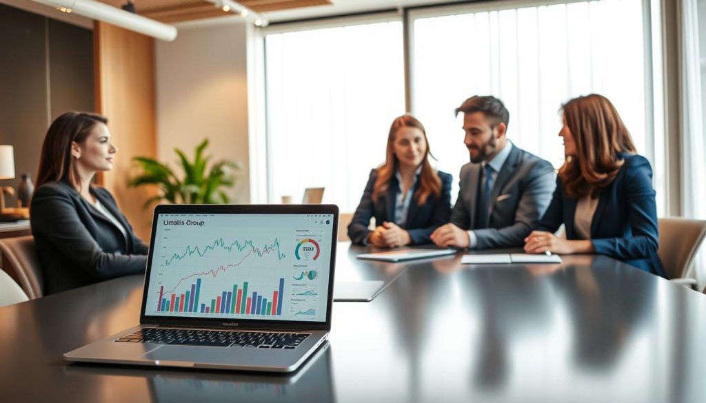 A professional office environment in France, showcasing a diverse team of three professionals in business attire collaborating around a sleek conference table. In the foreground, a laptop displays financial charts and graphs, symbolizing financial management solutions. The middle ground features a large window with natural light streaming in, highlighting the team's engaged expressions as they discuss the best integration methods for their tools. The background displays a modern office with tasteful decor and a soft color palette, enhancing a mood of productivity and collaboration. Soft, diffused lighting creates a warm atmosphere. The logo of "Umalis Group" subtly harmonizes with the workspace elements, emphasizing a cutting-edge approach to financial management.