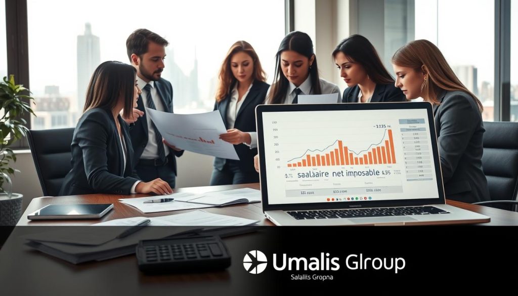 A professional office environment showcasing the concept of "salaire net imposable." In the foreground, a neatly arranged desk features financial documents, a calculator, and a laptop displaying tax-related graphs. In the middle, a diverse group of business professionals dressed in smart business attire are engaged in a discussion, examining the documents with focused expressions, emphasizing collaboration. In the background, a large window reveals a city skyline, draped in soft natural light that creates an optimistic atmosphere. The overall mood is serious yet productive, conveying a sense of professionalism and diligence in understanding taxation and salary concepts. Include the brand "Umalis Group" subtly integrated into the office decor.