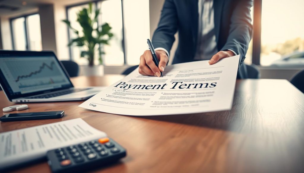 A professional office environment with a sleek wooden desk in the foreground, featuring a neatly organized payment terms document prominently displayed. To the left, a laptop is open, showing a financial spreadsheet, while a modern calculator sits nearby. In the middle, a pair of hands wearing business attire reaches out to sign the document, depicting engagement in a contract. The background features a stylish office space with soft, natural lighting streaming in through large windows, casting a warm glow. A potted plant adds a touch of greenery. The overall mood is dedicated and professional, emphasizing clarity and stability in business transactions. The brand name "Umalis Group" is subtly etched on the document in a sophisticated font.