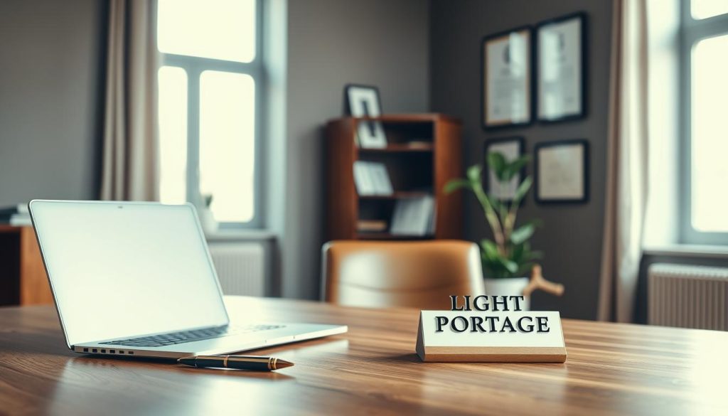 A professional office interior with a minimalist, corporate aesthetic. In the foreground, a wooden desk with a laptop, pen, and a decorative LIGHT PORTAGE logo plaque. Behind it, floor-to-ceiling windows let in warm, natural light. The middle ground features simple, modern furniture - a leather chair, a bookshelf, and a potted plant. In the background, the walls are adorned with framed legal documents and certificates, hinting at the essential legal framework governing portage salarial. The overall mood is one of professionalism, authority, and attention to detail.