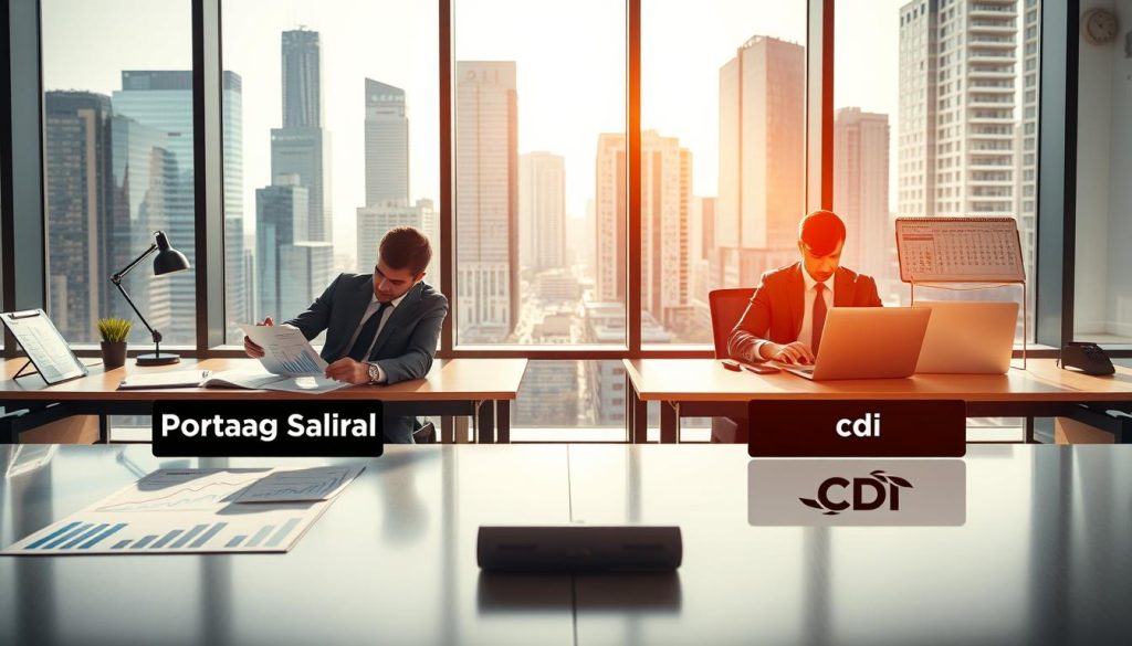 A professional office setting featuring two contrasting workspaces, symbolizing "Portage Salarial" and "CDI" (Contrat à Durée Indéterminée). In the foreground, a well-dressed individual reviews documents at a sleek desk labeled "Portage Salarial" with financial charts and a laptop displaying positive growth metrics. In the middle ground, another individual in business attire works at a different desk labeled "CDI," with a structured office environment, traditional employment contracts, and a calendar planning weekly meetings. The background shows a modern city skyline through large windows, illuminated by warm sunlight to create an optimistic atmosphere. The image emphasizes the deliberative atmosphere of career planning, coupled with the branding of "Umalis Group" subtly integrated into the workspace design. Use a wide-angle lens to capture the entire scene.