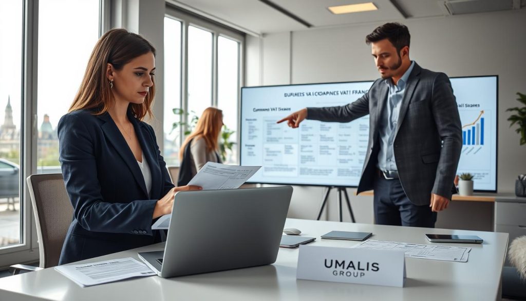 A professional office setting focused on VAT compliance in France, featuring a diverse group of freelancers and consultants. In the foreground, a woman in a tailored navy suit reviews documents at a sleek desk, her expression focused and contemplative, a laptop open beside her. To her right, a man in a charcoal gray blazer is pointing towards a detailed chart on a digital screen, showcasing common VAT mistakes. In the background, large windows hint at a Paris skyline, with soft, natural light filtering in, creating a bright and inviting atmosphere. The entire scene is organized and clutter-free, reflecting professionalism. The branding "UMALIS GROUP" is subtly integrated on a document on the desk. The mood is serious yet optimistic, highlighting the importance of accurate VAT compliance.