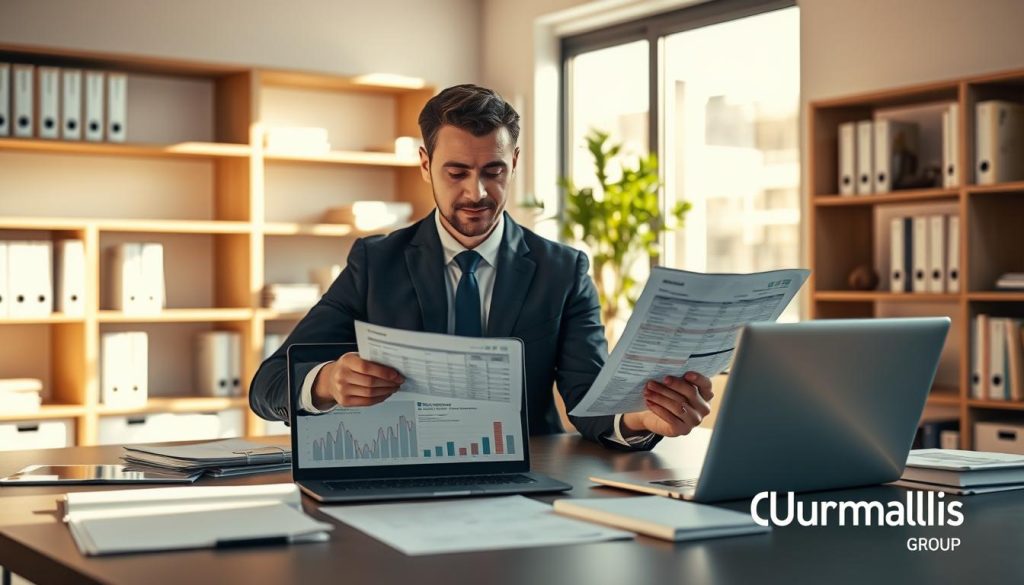 A professional office setting focused on the concept of run-off cover in insurance. In the foreground, a neatly arranged desk with documents and a laptop displaying financial charts. A confident business professional in a tailored suit is examining a policy document, showcasing engagement and contemplation. The middle ground features shelves filled with insurance books and a potted plant to add a touch of greenery, symbolizing growth and protection. The background shows a large window with natural daylight streaming in, creating a warm and inviting atmosphere. Soft shadows enhance the depth of the scene. The overall mood is serious yet optimistic, reflecting the importance of making informed decisions in the professional indemnity insurance realm. Include the brand name "Umalis Group" subtly integrated into the workspace decor.