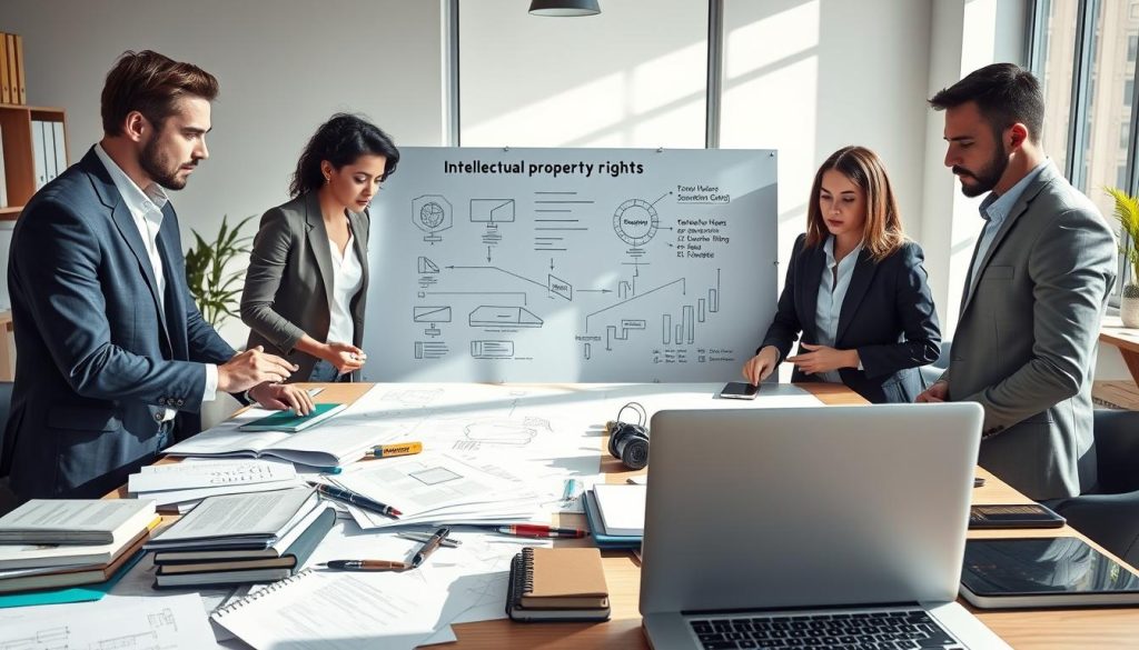 A professional office setting showcasing intellectual property rights. In the foreground, a diverse group of three business professionals dressed in smart attire, attentively discussing over a table cluttered with documents, blueprints, and digital devices. The middle ground features a large whiteboard with diagrams and flowcharts illustrating ownership concepts in a creative workspace. In the background, a bright window allows natural light to illuminate the scene, creating a warm and collaborative atmosphere. Soft shadows enhance the depth, and the overall composition conveys a sense of focus and urgency. Elements such as books and a laptop with the logo "Umalis Group" are subtly included to represent the topic of intellectual property. The mood is serious yet innovative, capturing the essence of freelance contracts and ownership rights.