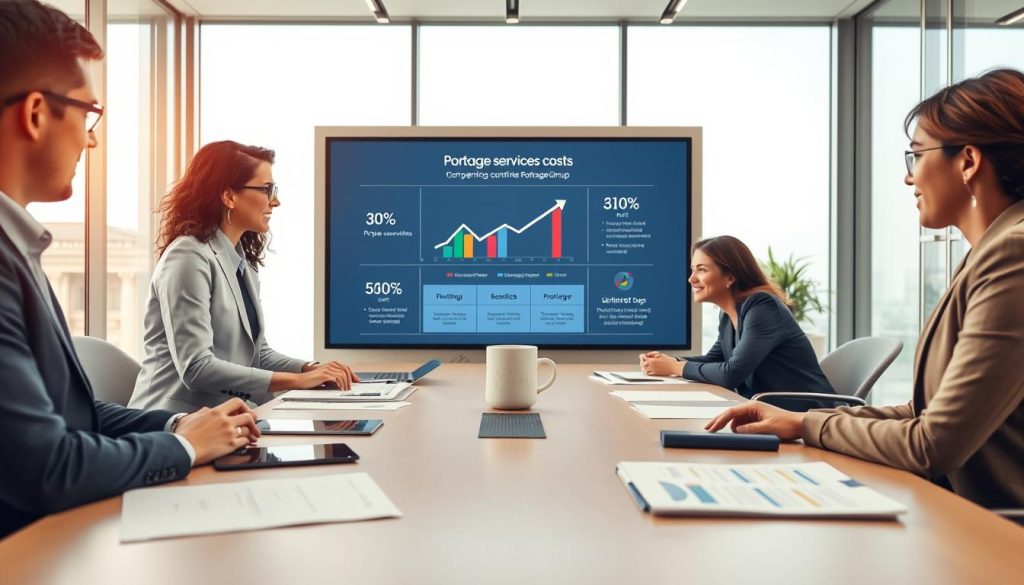 A professional office setting showcasing "portage salarial costs". In the foreground, a diverse group of three professionals in business attire are engaged in a discussion around a modern conference table, with documents and digital devices spread out. In the middle, a large screen displays an infographic visualizing portage services costs and associated benefits, with graphics showing percentages and arrows symbolizing growth. The background features a sleek, contemporary office with large windows allowing natural light to flood the space, creating a bright and motivating atmosphere. Soft, warm lighting enhances the productivity mood. The brand name "Umalis Group" is subtly incorporated into the presentation materials on the table. The angle captures the discussion and the visual data, ensuring a focus on the theme of financial insight in professional freelance work.