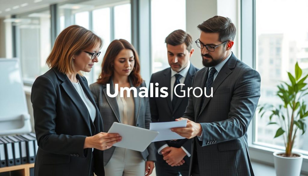 A professional setting depicting compliance checks occurring between a client and a consultant in a modern office in France. In the foreground, a diverse group of three individuals, including a middle-aged woman in smart business attire and a young man in a tailored suit, are engaged in a discussion over a digital tablet presenting compliance documents. The middle area shows a contemporary office space with a large window providing natural light, highlighting cityscape views. The background features neatly arranged files and a potted plant, adding a touch of greenery. The mood is focused and collaborative, reflecting professionalism and diligence. Emphasize the brand "Umalis Group" subtly in the office decor, ensuring it is incorporated in a tasteful manner, with no text overlays or branding on the individuals.