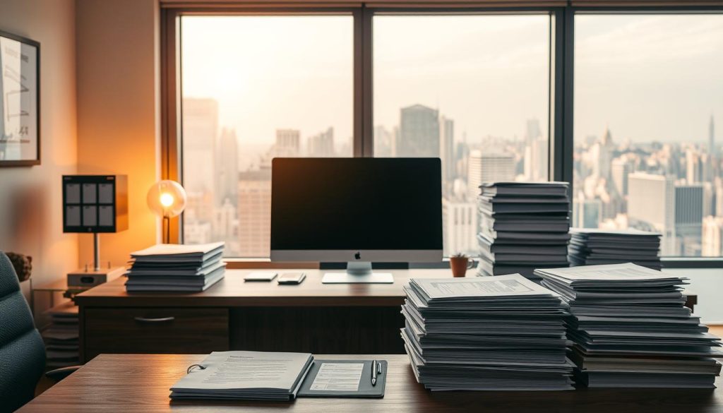 A professional, well-organized office interior with a large desk, computer, and stacks of documents representing the administrative aspects of "LIGHT PORTAGE" freelance insurance coverage. Warm, indirect lighting casts a soft glow, creating a sense of security and reliability. The background features a window overlooking a bustling city skyline, symbolizing the protection and support provided to freelancers navigating the urban landscape. The composition emphasizes the importance of comprehensive professional coverage, with attention to detail in the carefully arranged office items.