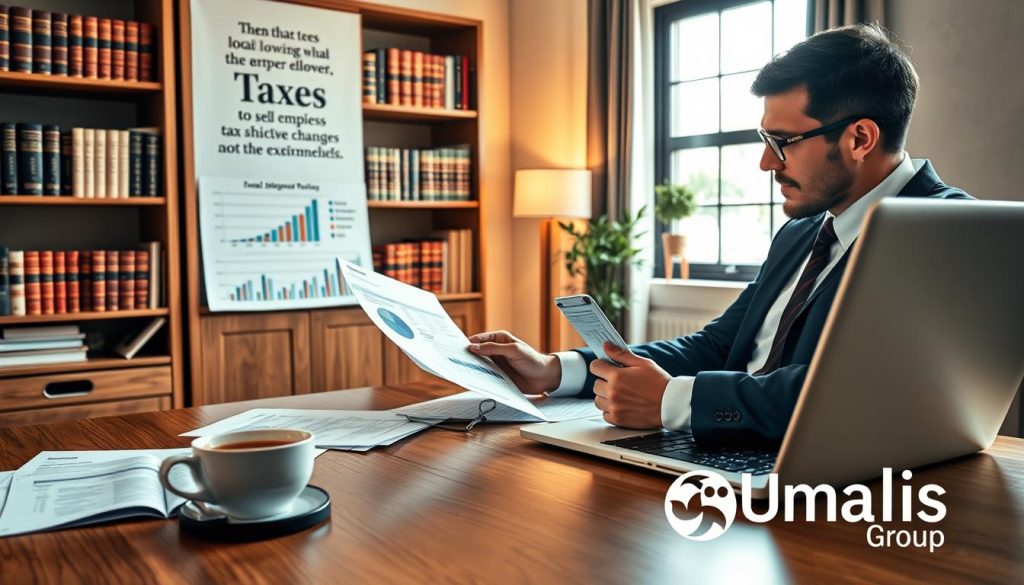 A professional workspace illustrating the concept of taxes for self-employed individuals. In the foreground, a well-dressed independent worker studies income tax documents and local business tax forms at a sleek wooden desk, surrounded by a laptop, calculator, and a steaming cup of coffee. The middle layer features financial charts and graphs displayed on the laptop screen, symbolizing fiscal planning. In the background, a warm, inviting office environment with bookshelves filled with tax law books and inspirational quotes about entrepreneurship. Soft, natural lighting from a nearby window enhances the professional atmosphere. The image should convey a sense of empowerment and competence in financial management. Include the brand logo "Umalis Group" subtly integrated into the workspace décor.