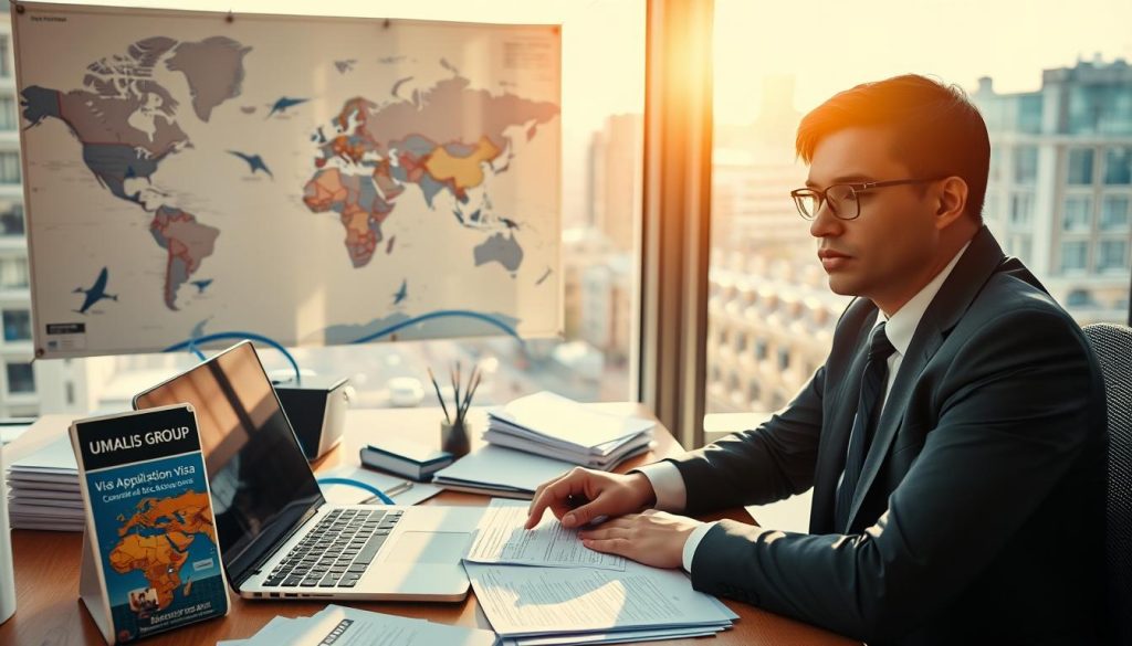 A professional workspace illustrating the visa application process. In the foreground, a person in smart business attire sits at a desk filled with documents, a laptop, and an open visa application guide. Their focused expression indicates determination. In the middle ground, a large world map on the wall highlights France, with several pinned locations. Nearby, a small stack of brochures labeled "UMALIS GROUP" provides information on consulting visas. In the background, a window reveals a bustling cityscape, bathed in soft, warm sunlight, creating an inviting atmosphere. The overall mood is one of aspiration and professionalism, reflecting the step-by-step journey to obtaining a visa. Bright, natural lighting enhances the clarity, while a slight blur in the background adds depth.