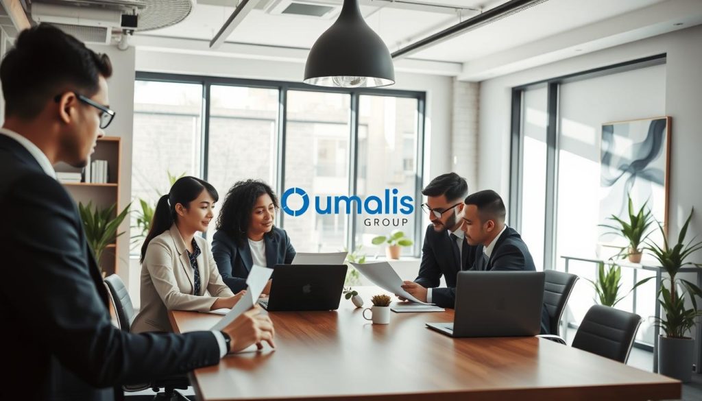 A professional workspace scene depicting the concept of "portage salarial." In the foreground, a diverse group of four professionals, dressed in smart business attire, are engaged in a collaborative discussion at a modern conference table, reviewing documents and their laptops. In the middle ground, large windows allow natural light to flood the room, casting soft shadows and creating a conducive work atmosphere. The background showcases a sleek office environment with plants, bookshelves, and abstract art, conveying a sense of creativity and professionalism. The overall mood is focused, inspiring confidence and teamwork, highlighting the benefits of freelance work within a structured environment. Include the brand name "Umalis Group" subtly integrated into the office decor.
