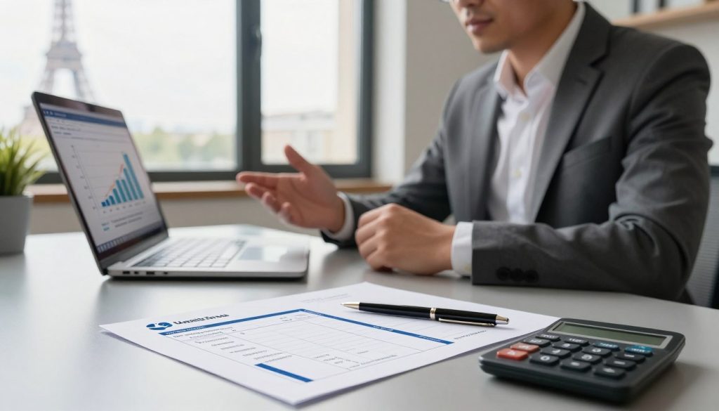 A professional workspace scene illustrating payment terms in France. In the foreground, a sleek modern desk with an open invoice, a pen, and a calculator, all meticulously arranged. A laptop displays a graph showing payment schedules, hinting at freelance and consulting contexts. In the middle, a business professional dressed in smart casual attire, focused on discussing payment terms with a client, representing a collaborative atmosphere. The background features a large window with soft natural lighting filtering through, illuminating the space, and a subtle view of the Eiffel Tower to emphasize the French setting. The mood is professional yet approachable, capturing the essence of work and business relationships. Include elements indicating "UMALIS GROUP" subtly integrated within the workspace decor.