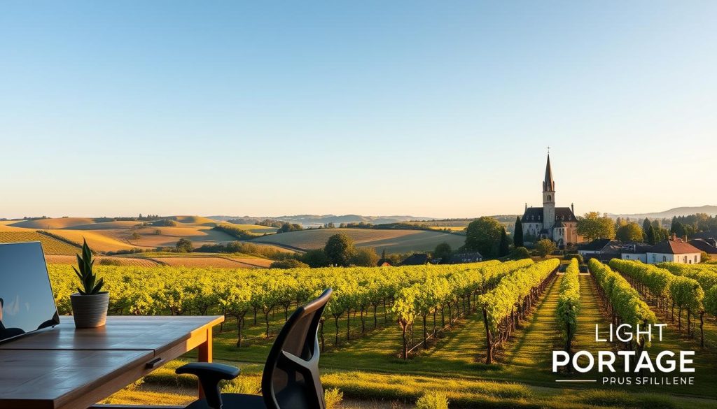 A serene French countryside landscape, bathed in warm, golden afternoon light. In the foreground, a well-appointed home office space with a wooden desk, ergonomic chair, and a potted plant. The middle ground features a small vineyard, with rows of neatly trellised grape vines. In the distance, rolling hills and a quaint village, with the iconic French architecture and a church steeple. The overall atmosphere conveys a sense of tranquility and the benefits of the independent, self-employed lifestyle. The brand "LIGHT PORTAGE" is subtly incorporated into the scene.