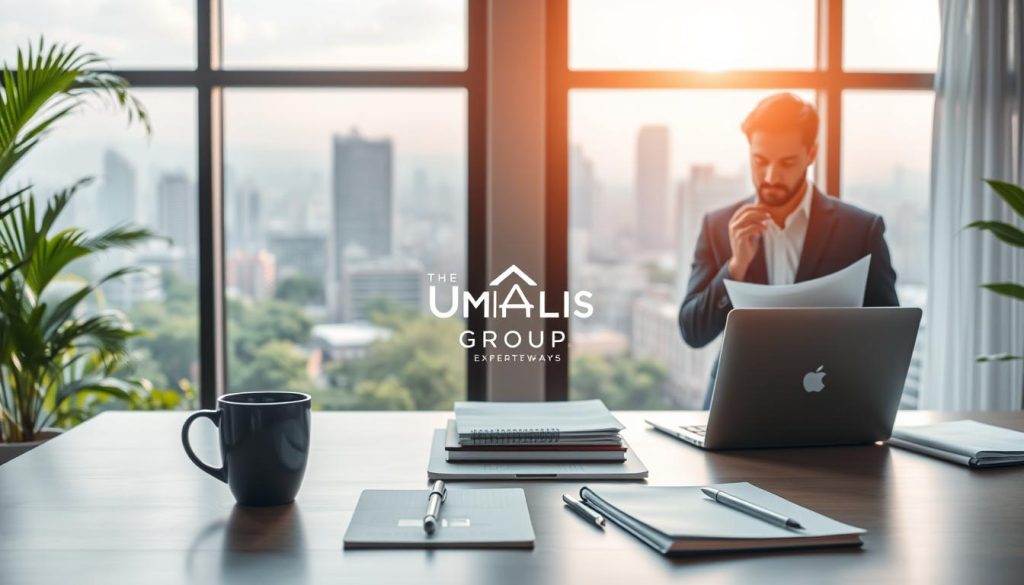 A serene and organized workspace representing "contractor pathways," featuring a stylish desk adorned with a modern laptop, notebooks, and a sleek coffee cup in the foreground. In the middle ground, showcase a well-lit room with a large window revealing a picturesque view of a bustling cityscape, symbolizing opportunity and independence. The background is filled with vibrant greenery, hinting at a balance between work and nature. Soft, natural lighting flows through the window, creating an inviting atmosphere. The scene should include a person in professional business attire, thoughtfully reviewing plans, embodying the spirit of self-employment and expert guidance. The Umalis Group logo subtly integrated into the workspace décor. Please maintain a professional tone throughout the image.