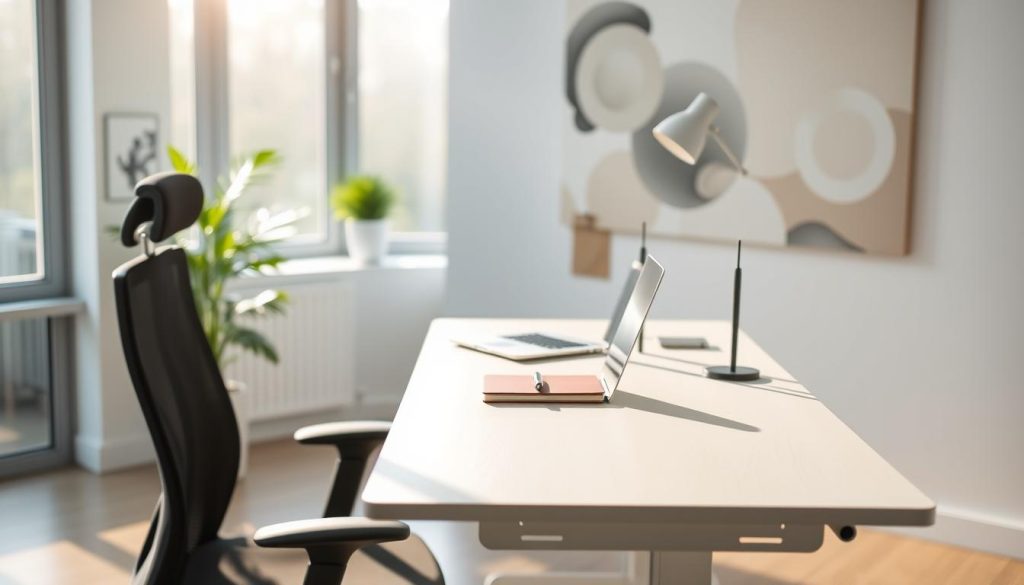 A serene and well-lit workspace, bathed in soft natural light filtering through large windows. In the foreground, a LIGHT PORTAGE standing desk with clean lines and a minimalist design, accompanied by an ergonomic office chair. On the desk, a laptop, a pen, and a notebook, symbolizing the tools of an autonomous professional. In the middle ground, a small plant and a tasteful desk organizer, conveying a sense of order and focus. The background features abstract shapes and patterns, hinting at the intellectual depth and creative thinking of the autonomous professional. The overall atmosphere is one of calm, efficiency, and a balance between work and well-being.