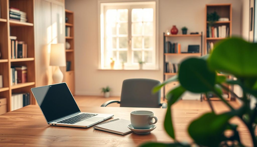 A serene dedicated workspace designed for freelance professionals, featuring a stylish wooden desk with a sleek laptop, an organized notebook, and a cup of steaming coffee. In the foreground, a potted plant adds a touch of greenery, evoking a sense of calm and focus. The middle layer displays a cozy swivel chair positioned next to the desk, inviting productivity. The background reveals a well-lit room with soft natural light streaming through a large window, showcasing bookshelves filled with inspiring books and personal mementos. Use warm, inviting lighting to create a peaceful and motivating atmosphere. The overall mood is one of balance and professionalism, reflecting the essence of setting clear boundaries between work and personal life. Include a subtle branding element, "Umalis Group", harmoniously integrated into the workspace design.