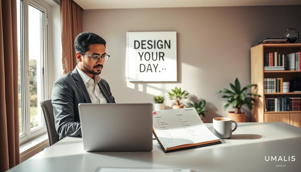 A serene home office setting, designed for productivity. In the foreground, a stylish Desk with a clean, organized workspace featuring a laptop, a digital planner with to-do lists, and a cup of steaming coffee. A focused professional in smart casual attire is reviewing their schedule, their expression determined yet calm. In the middle ground, a large window allows natural light to stream in, illuminating a few indoor plants and creating a refreshing atmosphere. The background showcases a motivational wall art piece saying "Design Your Day" subtly, while a bookshelf filled with inspiring books stands beside. A soft, warm color palette enhances a sense of tranquility. The overall mood is one of empowerment and creativity, perfect for independent professionals strategizing their work hours effectively. This scene is styled with a contemporary touch, embodying the ethos of Umalis Group.
