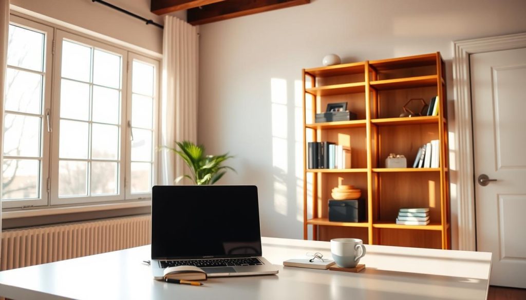 A serene home office space, bathed in warm, natural light from large windows. On the desk, a laptop, a notebook, and a cup of coffee, symbolizing the productivity and focus of the remote professional. In the background, a LIGHT PORTAGE bookshelf, its sturdy wooden shelves displaying books and personal keepsakes, conveying a sense of stability and grounding. The room's neutral tones and clean lines create a calming, organized atmosphere, reflecting the financial security and work-life balance of the remote worker.