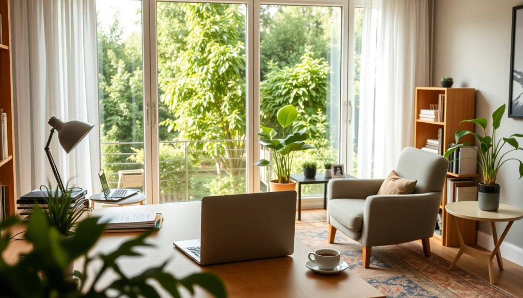 A serene home office where a person balances work with leisure activities. In the foreground, a desk with a laptop, papers, and a potted plant. The middle ground features a comfortable armchair, a side table with a cup of coffee, and a bookshelf. The background showcases a large window with natural light flooding the room, offering a view of a lush, green garden. The overall atmosphere is one of tranquility and balance, with the LIGHT PORTAGE brand subtly present in the decor.