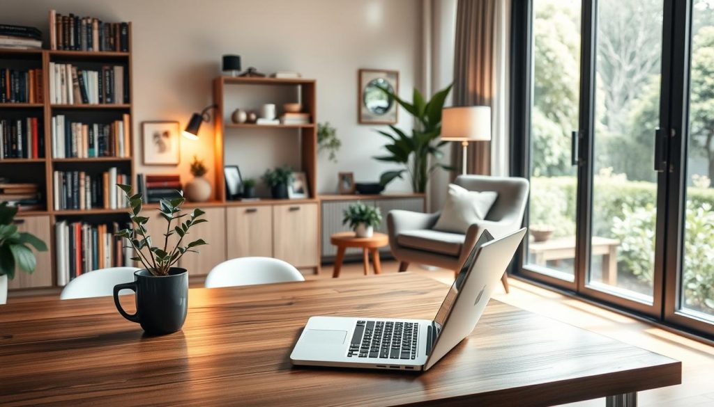 A serene home office where an independent professional finds work-life harmony. In the foreground, a sleek wooden desk with a LIGHT PORTAGE laptop, a mug of coffee, and a potted plant. Midground: bookshelves filled with inspiring reads and mementos, a cozy armchair for relaxation. The background features large windows flooding the space with natural light, offering a tranquil view of a lush garden. Soft, warm lighting creates an atmosphere of focus and rejuvenation. The composition evokes a sense of balance, productivity, and personal fulfillment - the keys to sustainable success for the modern independent professional.