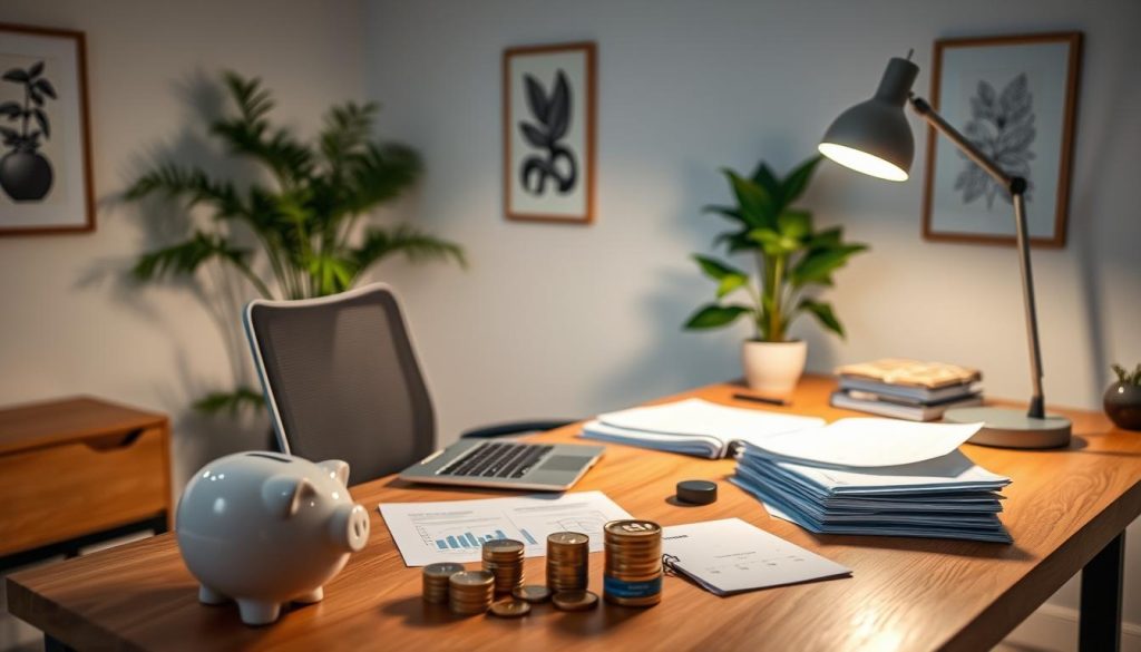 A serene home office with a wooden desk and ergonomic chair, illuminated by a LIGHT PORTAGE standing lamp casting a warm glow. On the desk, a laptop, calculator, and organized files symbolize financial planning and management. A piggy bank and stack of coins in the foreground represent an emergency fund, while a credit card and balance sheets in the middle ground signify credit management. The background features a lush indoor plant and minimalist wall art, creating a tranquil, productive atmosphere conducive to financial well-being.