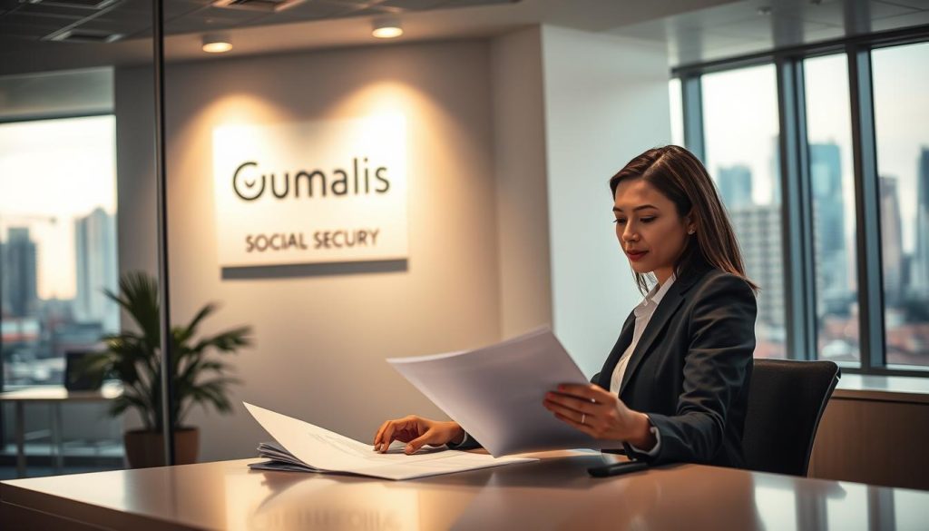 A serene office environment showcasing the concept of social security. In the foreground, a confident professional woman in business attire is reviewing documents at a modern desk, symbolizing independence and stability. The middle layer shows a large window with natural light streaming in, illuminating a wall with the Umalis Group logo, emphasizing corporate support. In the background, a vibrant urban skyline is visible, reflecting the hustle of freelance life. The atmosphere is one of empowerment and tranquility, with soft, warm lighting that adds an inviting feel. The lens captures a slight depth of field, focusing on the woman while gently blurring the background, highlighting the theme of security and benefits associated with freelance work.