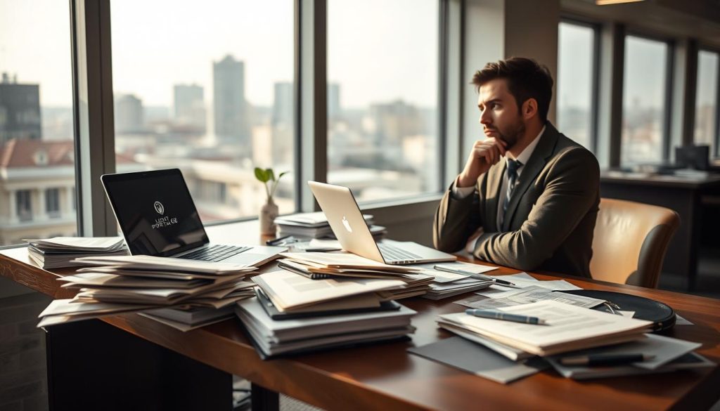 A serene office setting, with a focus on a desk showcasing the "LIGHT PORTAGE" logo. The desk is cluttered with paperwork, a laptop, and a pensive freelancer contemplating the limitations and considerations of portage salarial. Soft, natural lighting filters through large windows, creating a pensive atmosphere. The background features blurred city skyline, suggesting the broader professional context. The composition emphasizes the sense of responsibility and careful deliberation required when navigating the portage salarial system in France.