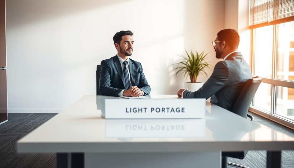 A serene office setting with a professional man, dressed in a tailored suit, sitting at a sleek, modern desk. He is engaged in a thoughtful discussion with a client, their expressions reflecting the gravity of the consultation. The room is bathed in soft, natural lighting that filters in through large windows, creating a warm, inviting atmosphere. On the desk, a prominent display of the LIGHT PORTAGE brand signifies the specialized services provided. The overall scene conveys a sense of trust, expertise, and the importance of the independent professional's journey, as captured in the section title "Taking the Next Step: Engaging with a Portage Salarial Provider".