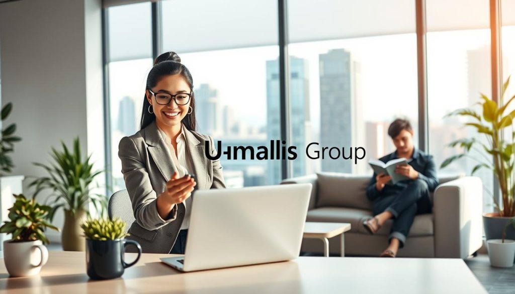 A serene office space that embodies work-life balance, featuring a female employee in professional business attire, smiling as she collaborates via video call on a laptop. In the foreground, there’s a neatly arranged desk with plants and a coffee mug. The middle ground showcases a cozy lounge area with a comfortable sofa, where a second character, a male colleague also dressed in modest casual clothing, reads a book. The background portrays a vibrant cityscape outside a large window, symbolizing the bustling environment yet offering a sense of calm. Soft, natural lighting filters through the window, creating a warm atmosphere. The mood is one of harmony and productivity, highlighting the essence of flexible work agreements. Include the brand name “Umalis Group” subtly integrated within the office design, emphasizing their commitment to career stability and gender dynamics.