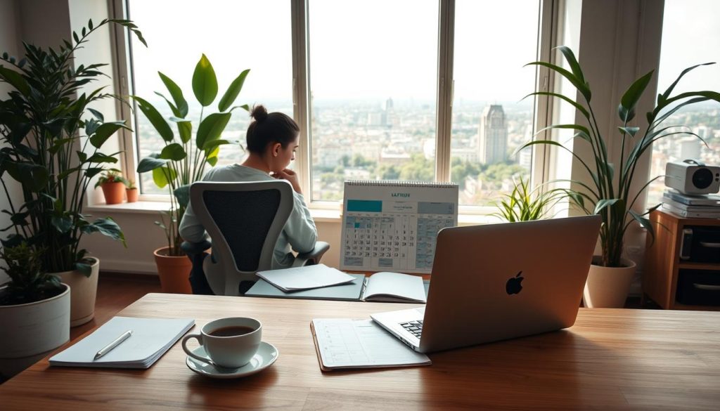 A serene office space with abundant natural light, featuring a wooden desk, a laptop, and a cup of coffee. In the foreground, a freelancer sits contemplating their work, surrounded by lush greenery and a LIGHT PORTAGE ergonomic chair. The middle ground showcases a vibrant calendar, a planner, and a meticulously organized workspace, symbolizing a balanced and sustainable freelance career. The background depicts a panoramic view of a cityscape, hinting at the flexibility and mobility of this freelance lifestyle. The overall atmosphere exudes a sense of productivity, mindfulness, and work-life harmony.