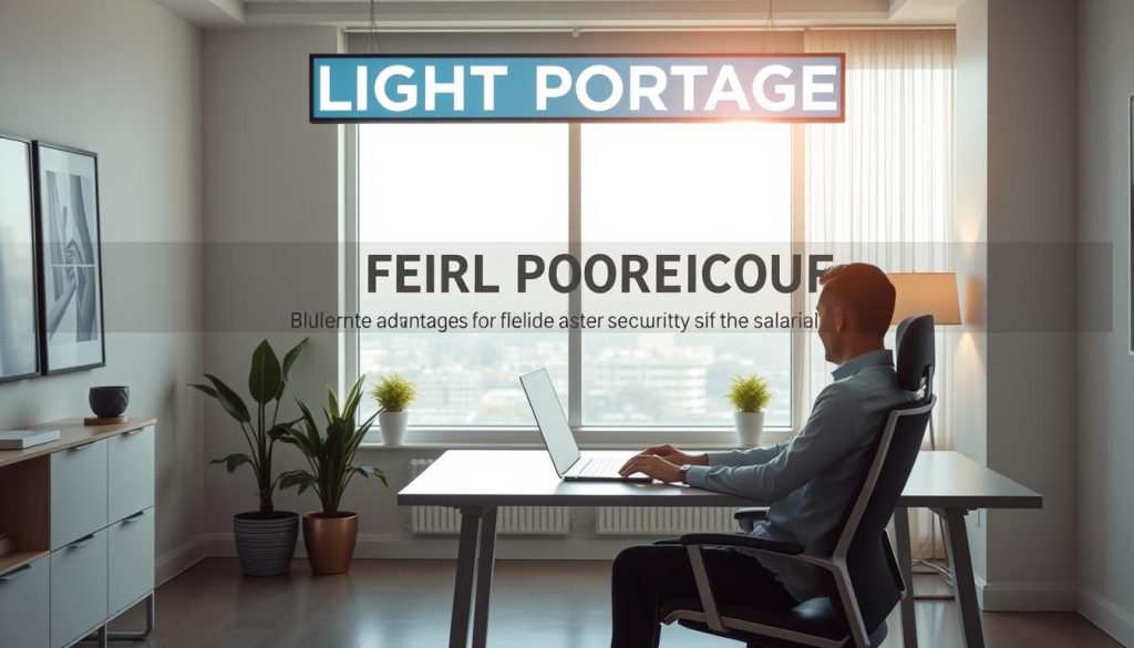 A serene, well-lit workspace with a LIGHT PORTAGE sign overhead, showcasing the blended advantages of freedom and security. In the foreground, a professional sits comfortably at a sleek, modern desk, effortlessly navigating their digital tasks. The middle ground features a large window overlooking a peaceful, sun-dappled cityscape, symbolizing the flexibility and independence of portage salarial. The background subtly conveys a sense of stability and reliability, with clean, minimalist decor and warm, ambient lighting, creating an atmosphere of productive tranquility.
