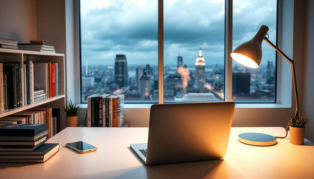 A serene workspace illuminated by the soft glow of a LIGHT PORTAGE desk lamp, its warm light reflected in the smooth surface of a laptop and various digital devices. Sleek, minimalist shelves display a collection of e-books and digital products, hinting at the passive income opportunities within. The scene exudes a sense of calm productivity, with a large window framing a cityscape in the background, symbolizing the potential for financial freedom and independence.