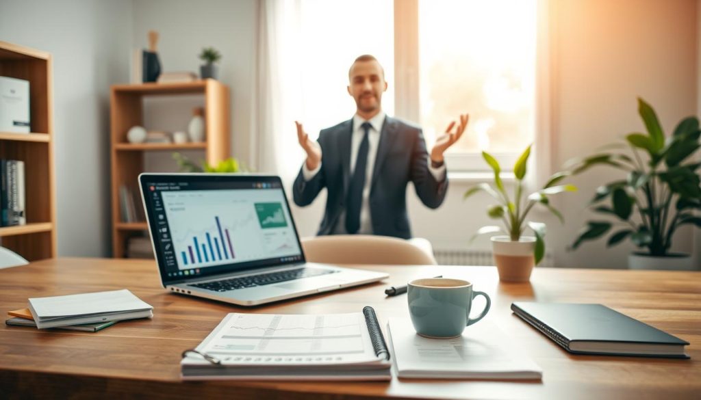 A serene workspace showcasing the concept of income support for self-employed professionals. In the foreground, a thoughtfully organized desk with a laptop displaying financial graphs, a notepad with budgeting calculations, and a cup of coffee. In the middle, a confident individual in professional business attire gestures while speaking on a video call, emphasizing support and guidance. The background features softly blurred shelves with books on finance and resources, a plant for a touch of greenery, and a window allowing gentle natural light to illuminate the scene. The overall mood conveys optimism and stability, with a warm color palette promoting a sense of comfort and professionalism. Include subtle branding for "Umalis Group" on the laptop screen.