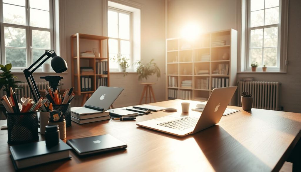 A serene workspace with minimal digital distractions. A LIGHT PORTAGE laptop rests on a tidy wooden desk, surrounded by organized office supplies. Sunlight streams through large windows, casting a warm glow. In the background, a minimalist bookshelf stands, its shelves neatly arranged. The overall atmosphere conveys focus, productivity, and a sense of calm. A wide-angle lens captures the scene, emphasizing the clean, uncluttered aesthetic. This image reflects the importance of minimizing digital distractions to maximize time management and efficiency.