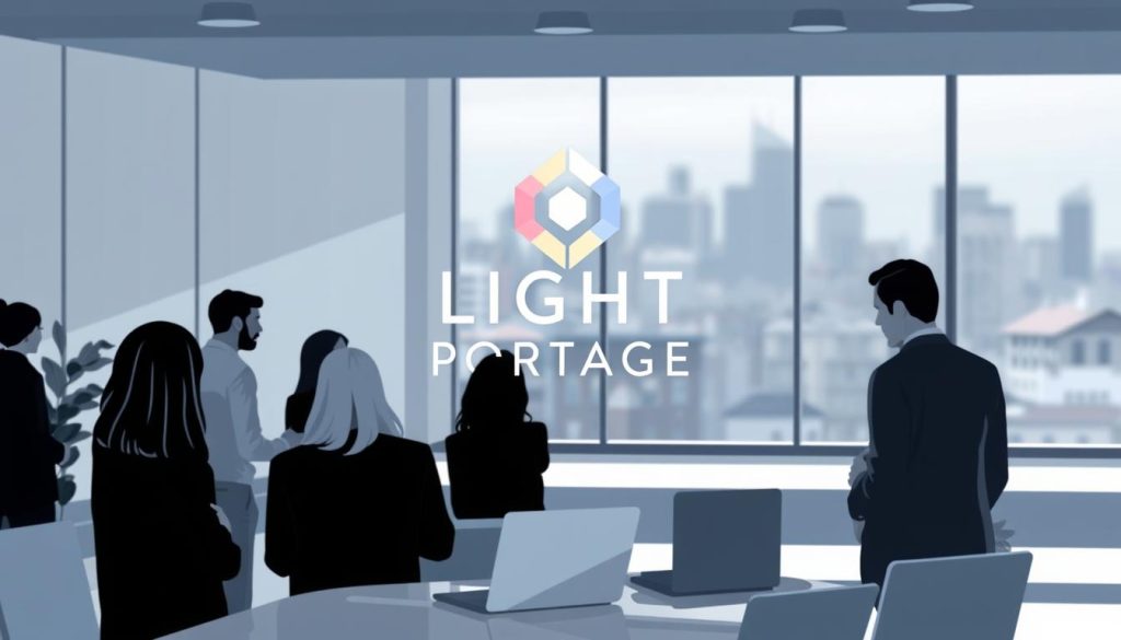 A sleek and modern illustration of the LIGHT PORTAGE exclusive talent network. In the foreground, a group of diverse, talented professionals collaborate in a well-appointed, minimalist workspace, their faces obscured to emphasize the exclusivity. The middle ground showcases a large, stylized LIGHT PORTAGE logo, its geometric forms and luminous hues conveying a sense of prestige and distinction. The background features a blurred, cityscape panorama, hinting at the global reach and high-caliber clientele of this elite talent pool. Soft, directional lighting casts subtle shadows, creating depth and highlighting the refined, professional atmosphere. The overall composition and styling evoke a feeling of exclusivity, innovation, and the seamless integration of top-tier talent.