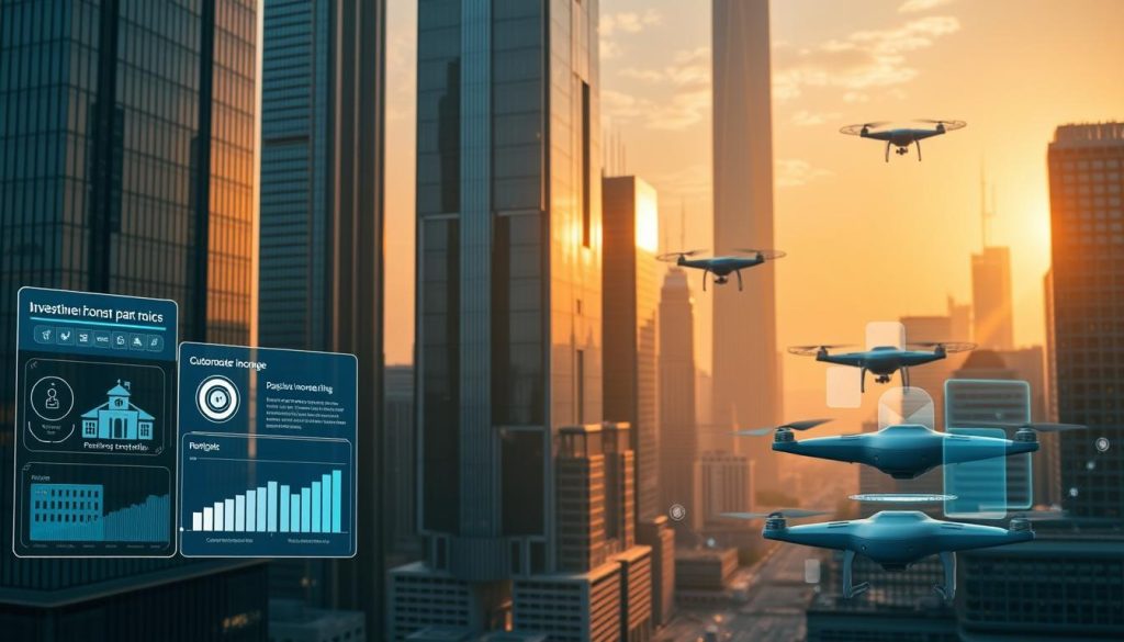 A sleek, futuristic cityscape with towering skyscrapers and gleaming glass facades. In the foreground, LIGHT PORTAGE's intuitive digital interface showcases a range of passive income opportunities, from automated investment portfolios to cloud-based rental platforms. The middle ground features holograms and drones, symbols of technological innovation. The background is bathed in a warm, golden glow, conveying a sense of prosperity and possibility. Crisp, cinematic lighting and a slightly elevated camera angle create a compelling, visually striking scene that captures the essence of future passive income trends.