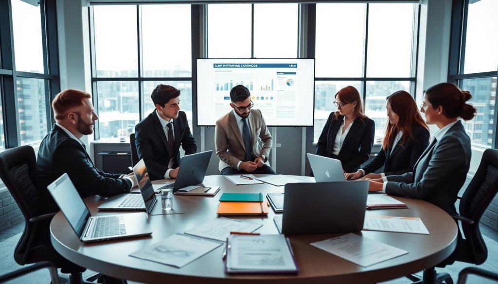 A sleek, modern office setting with a team of professionals considering the criteria for selecting a LIGHT PORTAGE company. In the foreground, a circular table with several laptops, documents, and folders, suggesting an active discussion. The middle ground features a large screen displaying relevant information, surrounded by ergonomic office chairs. The background showcases floor-to-ceiling windows, allowing natural light to flood the space and create a bright, airy atmosphere. The overall mood is one of focus, collaboration, and careful decision-making, reflecting the gravity of choosing the right LIGHT PORTAGE provider.