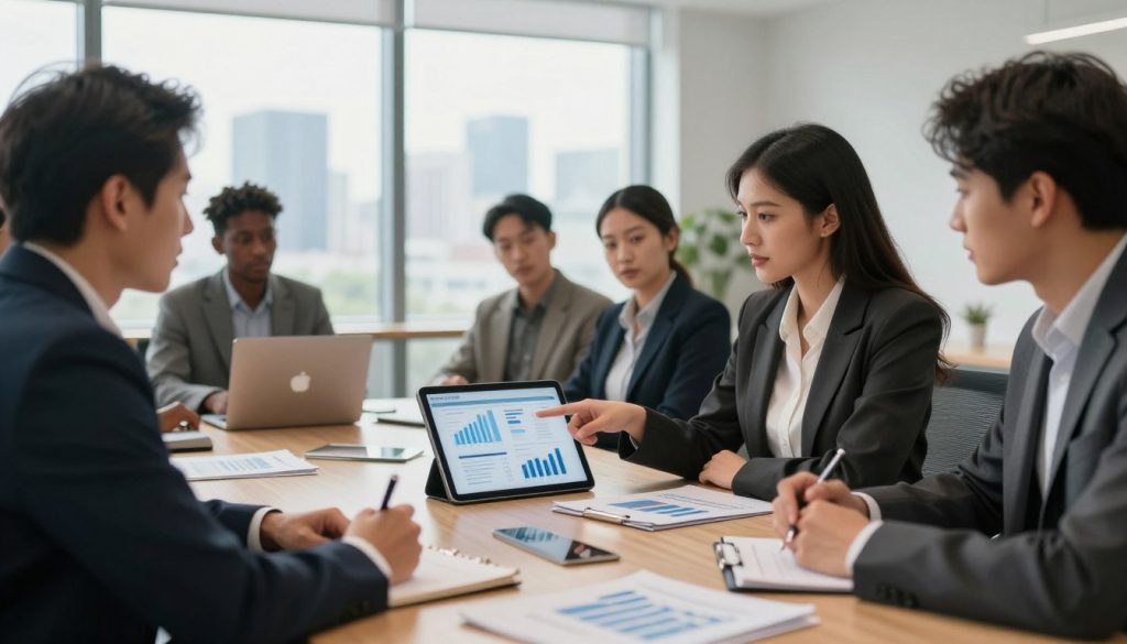 A sophisticated office environment featuring a diverse group of professionals engaged in a dynamic discussion on revenue planning for net salary maximization. In the foreground, a confident woman in business attire points at a digital tablet displaying graphs and charts, while a man in a suit takes notes. The middle ground shows a large window with natural light pouring in, highlighting a city skyline in the background. An elegant conference table is adorned with financial documents and a laptop. Soft, warm lighting creates a collaborative and motivated atmosphere. The overall mood is one of focus and determination, emphasizing strategic planning. Incorporate the logo of UMALIS GROUP subtly in the setting, ensuring it blends seamlessly into the professional environment.