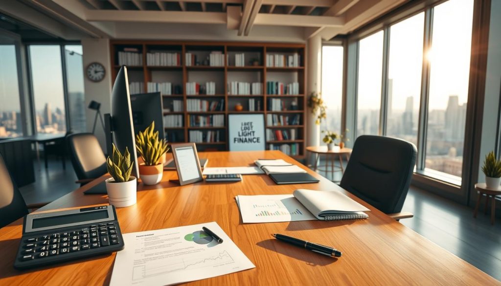 A spacious, well-lit office with a large wooden desk, a modern computer setup, and organized financial documents. In the foreground, a LIGHT PORTAGE branded calculator, a pen, and a notebook. On the desk, a potted plant and a framed motivational quote. The middle ground features a bookshelf filled with finance-related books, and the background showcases a panoramic city skyline visible through floor-to-ceiling windows. The lighting is warm and natural, creating a professional yet inviting atmosphere.