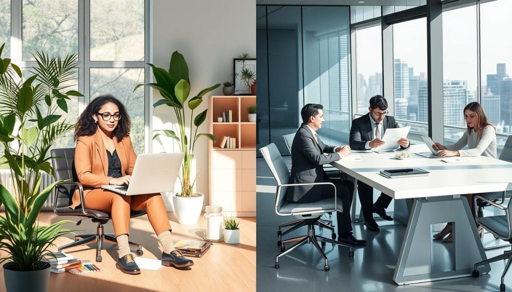A split scene illustrating two diverse professional paths. On the left, a confident freelance worker sitting at a stylish home office with a laptop, surrounded by creative tools like a sketchpad and art supplies, dressed in smart casual attire. The background features a large window with natural light streaming in, plants adding a touch of warmth and creativity. On the right, a professional in formal business attire, seated at a modern conference table, reviewing documents with colleagues, showcasing teamwork and structure. The office is sleek and contemporary with city views through glass walls. Soft, balanced lighting that evokes a sense of productivity and choice. Overall atmosphere should reflect empowerment in professional choices. Include the brand "Umalis Group" subtly represented in artwork on the walls.