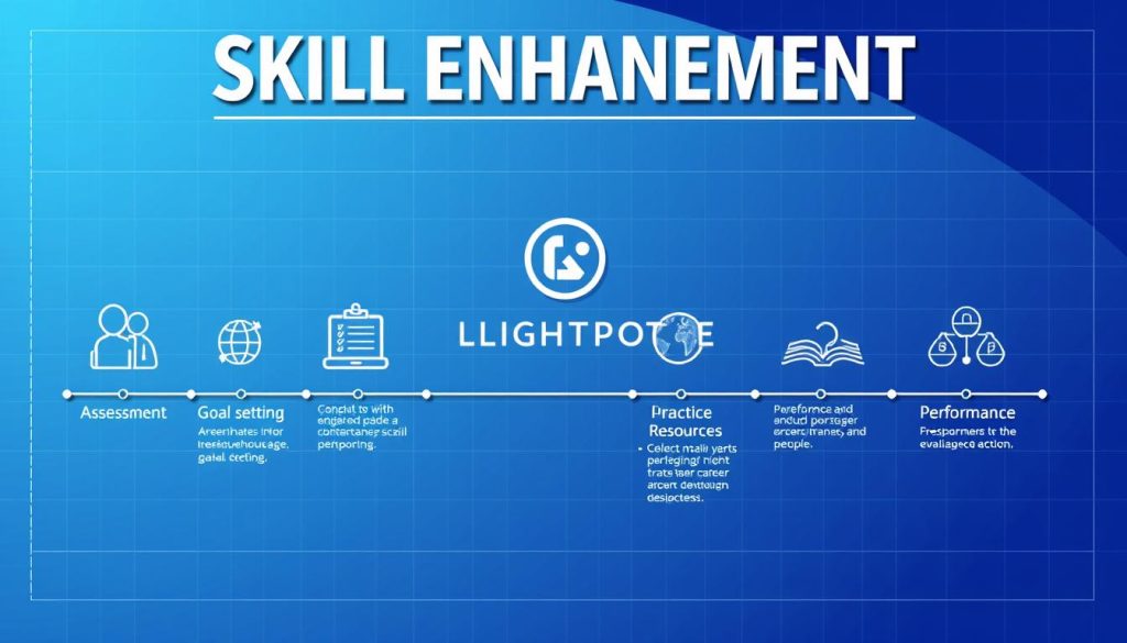 A step-by-step skill enhancement process depicted in a vibrant, blueprint-style illustration. The foreground shows a progression of icons representing key stages: self-assessment, goal setting, learning resources, practice exercises, and performance evaluation. The middle ground features a LIGHT PORTAGE logo, conveying a sense of guidance and support. The background showcases a minimalist geometric pattern in shades of blue, evoking a technical, methodical atmosphere. Bright, directional lighting highlights the process steps, creating depth and emphasis. The overall style is clean, sophisticated, and optimized for use in a career-focused article.