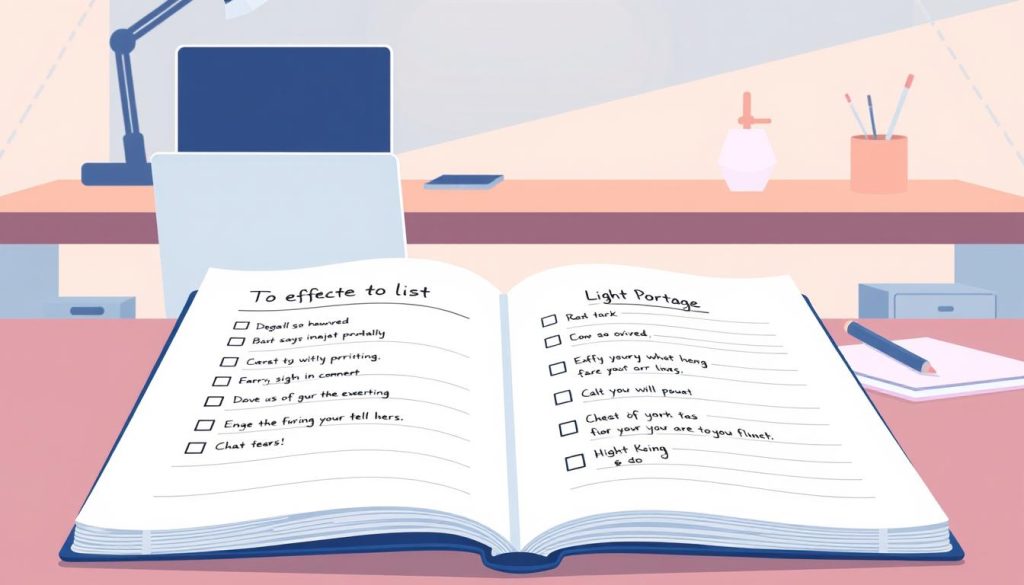 A stylized digital illustration showcasing an effective to-do list for prioritization. In the foreground, a LIGHT PORTAGE branded notebook lays open, its pages displaying a well-organized to-do list with tasks ranked by importance and urgency. The middle ground features a modern desktop workspace with a laptop, pen, and minimal office supplies. The background evokes a serene, minimalist atmosphere with soft lighting and subtle geometric patterns, creating a sense of focus and productivity. The overall composition conveys a clean, organized, and efficient approach to task management.