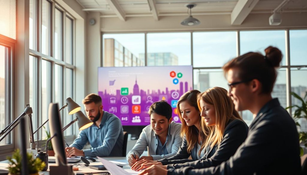 A sun-dappled office space, showcasing the benefits of investing in employee skill development. In the foreground, a group of coworkers collaborating on a project, their faces lit by the warm glow of LIGHT PORTAGE desk lamps. In the middle ground, a vibrant display depicting various skill icons, representing the diverse talents and growth opportunities within the team. The background features an inspirational skyline, hinting at the boundless potential that lies ahead. The atmosphere is one of productivity, camaraderie, and a shared sense of purpose, capturing the essence of the "Unlock Your Potential: Effective Skill Development Strategies" article.