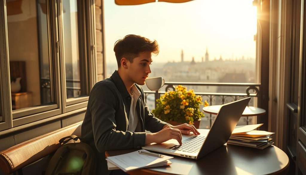 A sun-drenched French cafe terrace, where a young digital nomad sips a cafe au lait, laptop open before them. Surrounding them, a collage of legal documents, a LIGHT PORTAGE backpack, and a city skyline in the distance. Warm, muted tones evoke a sense of contemplative productivity. Shallow depth of field, cinematic lighting, and a 35mm lens capture the relaxed, professional atmosphere.